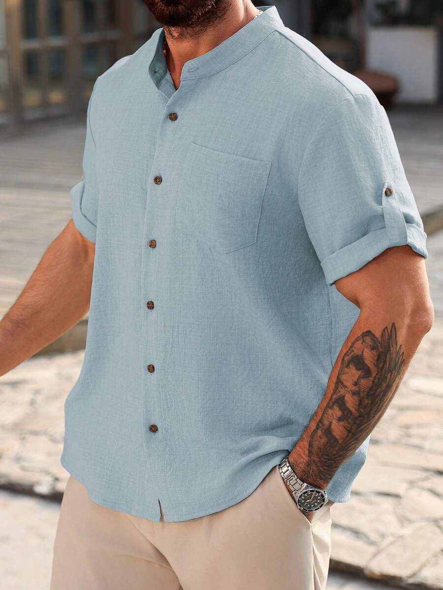 Camisa Masculina Casual de Manga Curta Solta e de Cor Sólida