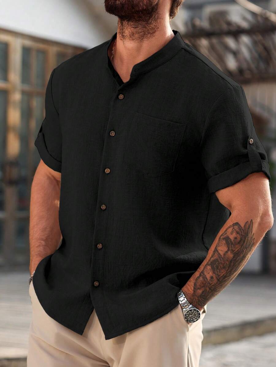 Camisa Masculina Casual de Manga Curta Solta e de Cor Sólida