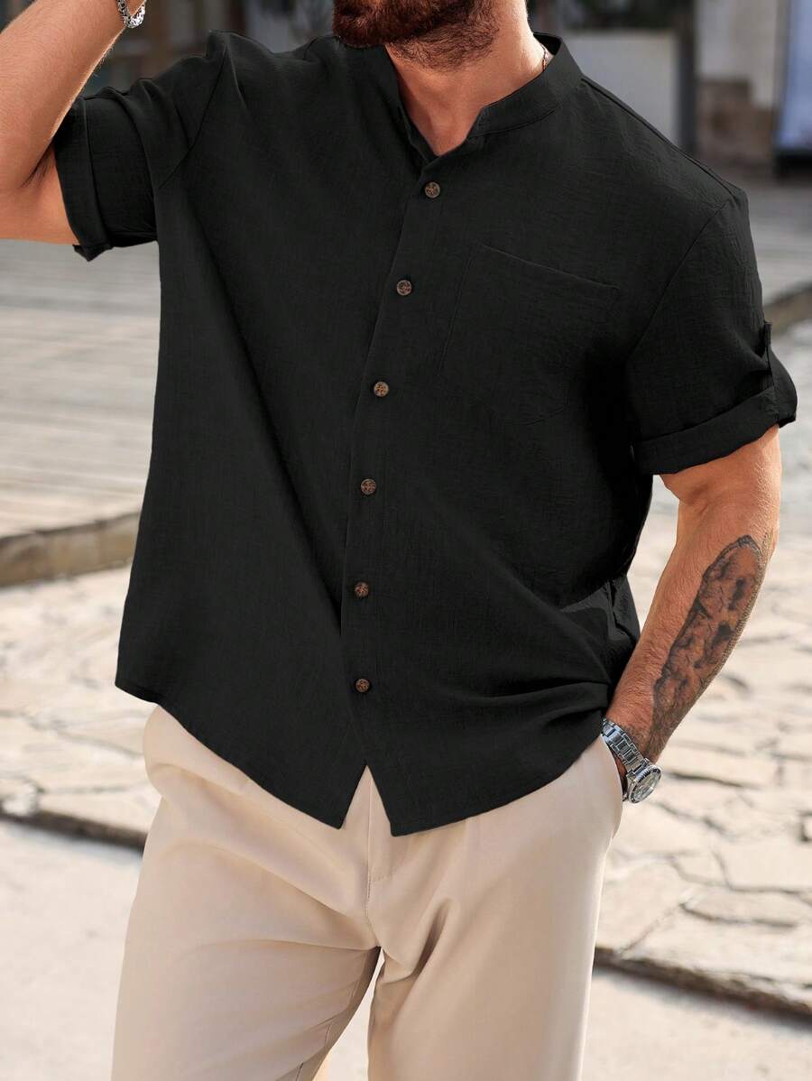 Camisa Masculina Casual de Manga Curta Solta e de Cor Sólida