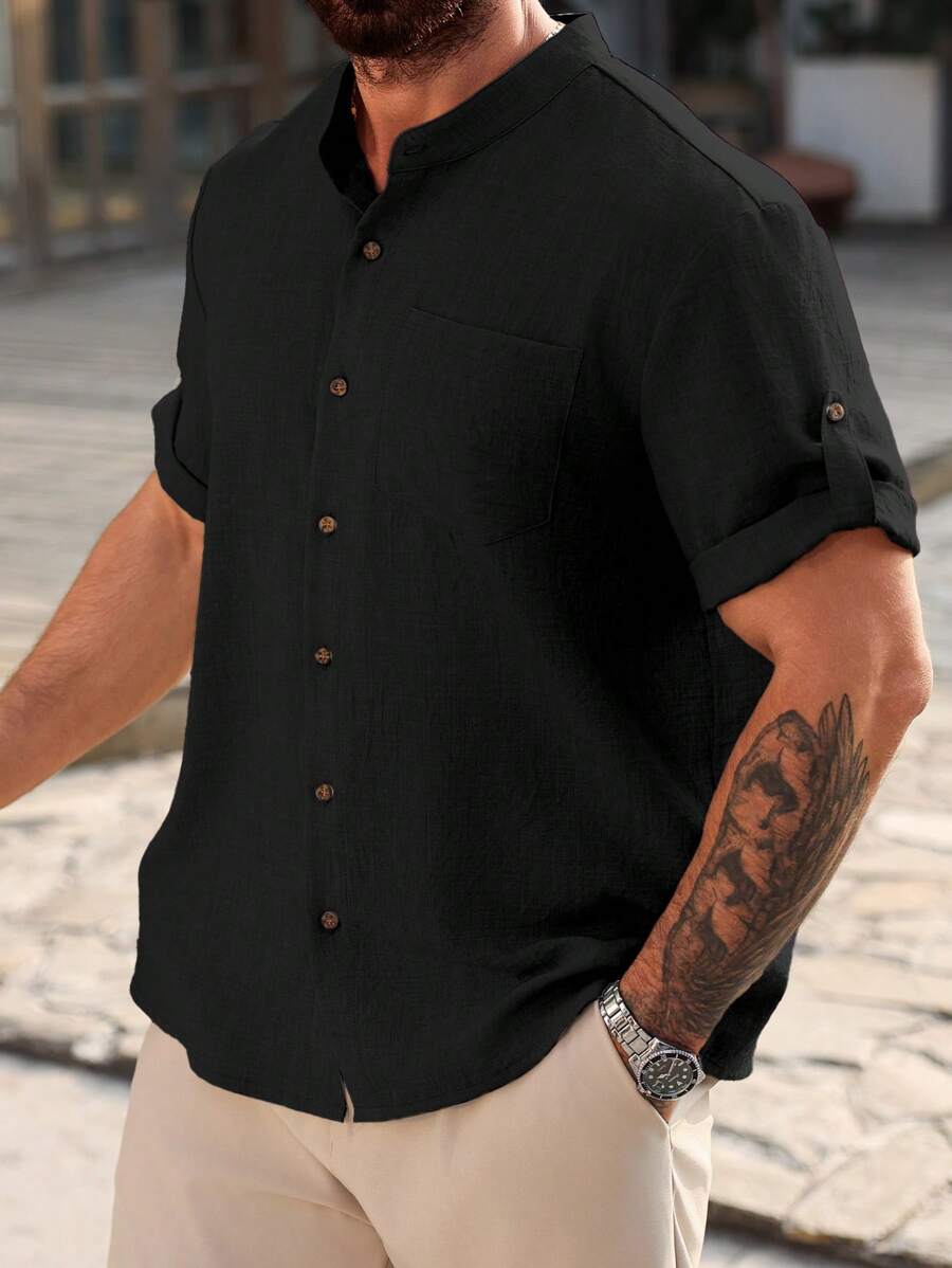 Camisa Masculina Casual de Manga Curta Solta e de Cor Sólida