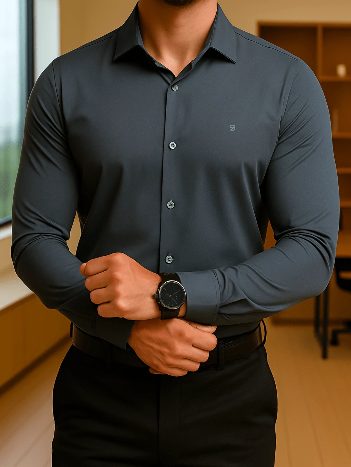 Camisa Masculina Manga Longa Spandex Slim Fit