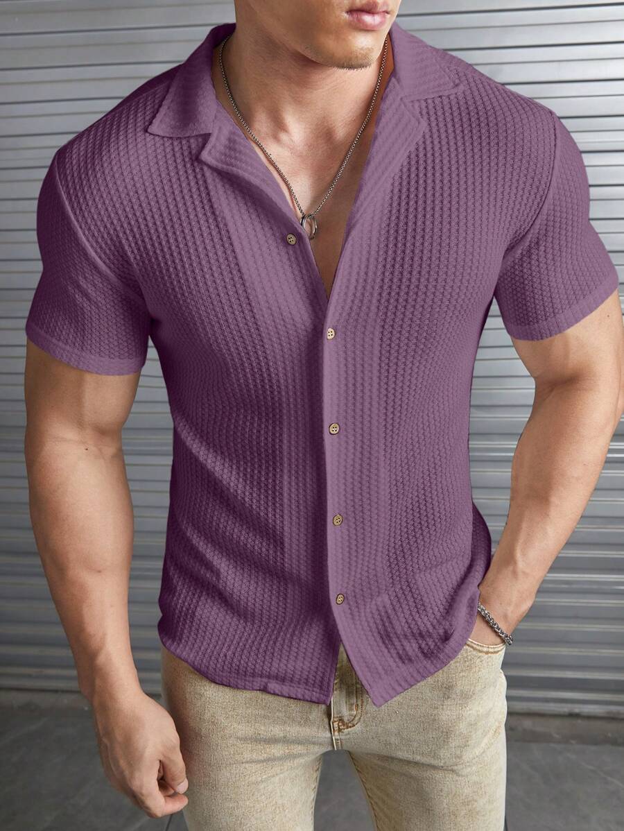 Camisa Masculina Sólido Canelado Botão Frontal