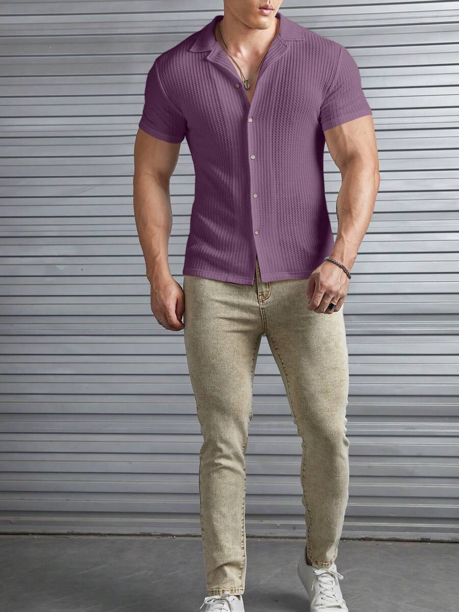 Camisa Masculina Sólido Canelado Botão Frontal