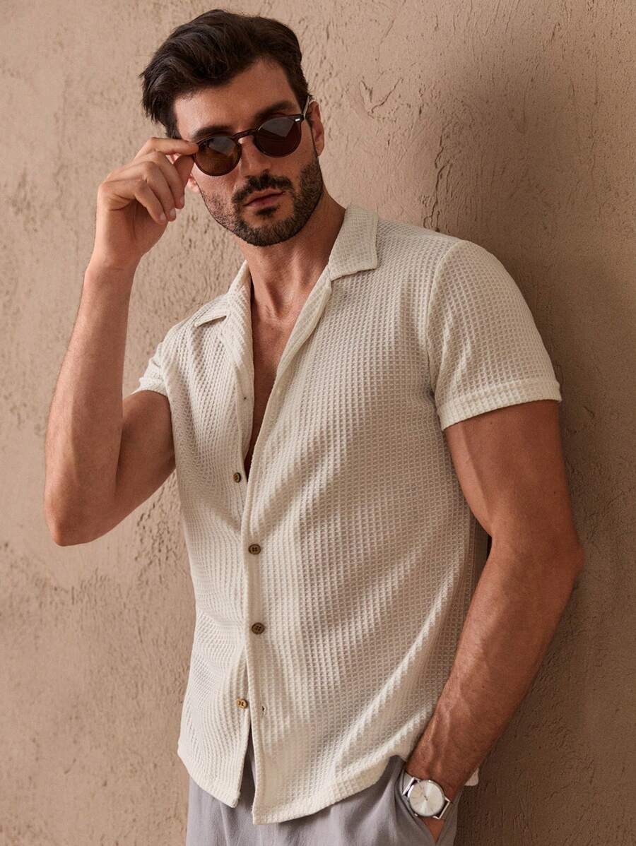 Camisa Masculina Sólido Canelado Botão Frontal