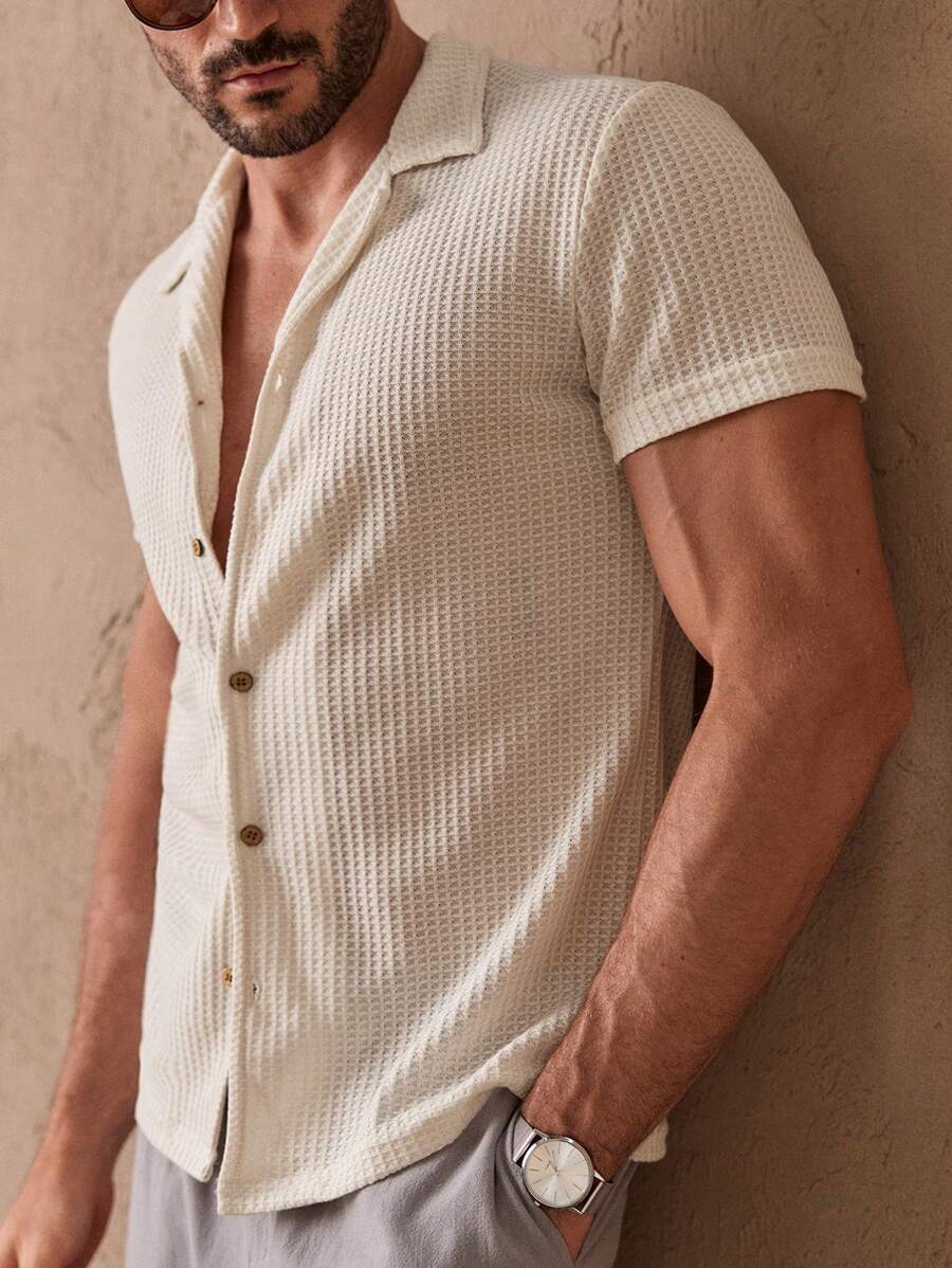 Camisa Masculina Sólido Canelado Botão Frontal
