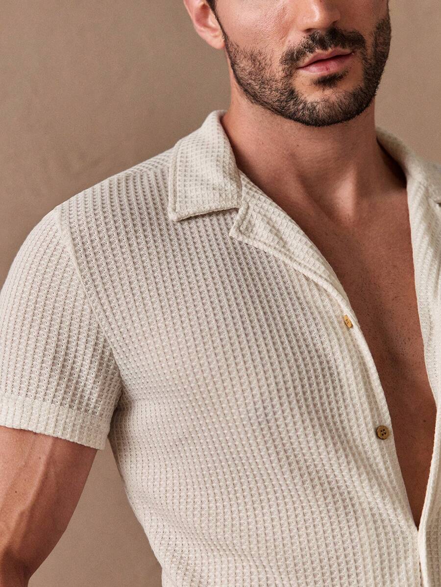 Camisa Masculina Sólido Canelado Botão Frontal