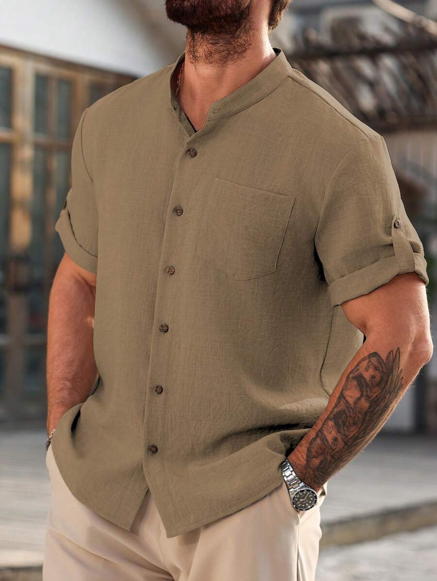 Camisa Masculina Casual de Manga Curta Solta e de Cor Sólida