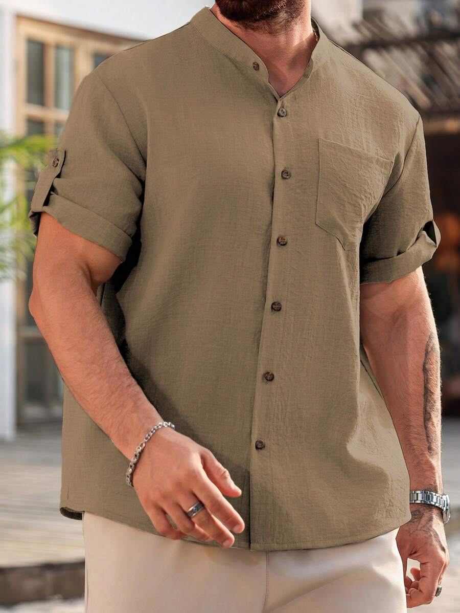 Camisa Masculina Casual de Manga Curta Solta e de Cor Sólida