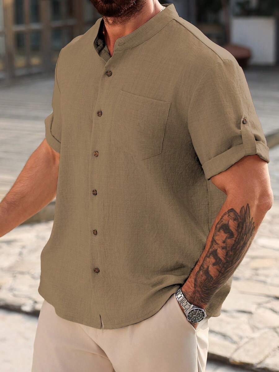 Camisa Masculina Casual de Manga Curta Solta e de Cor Sólida