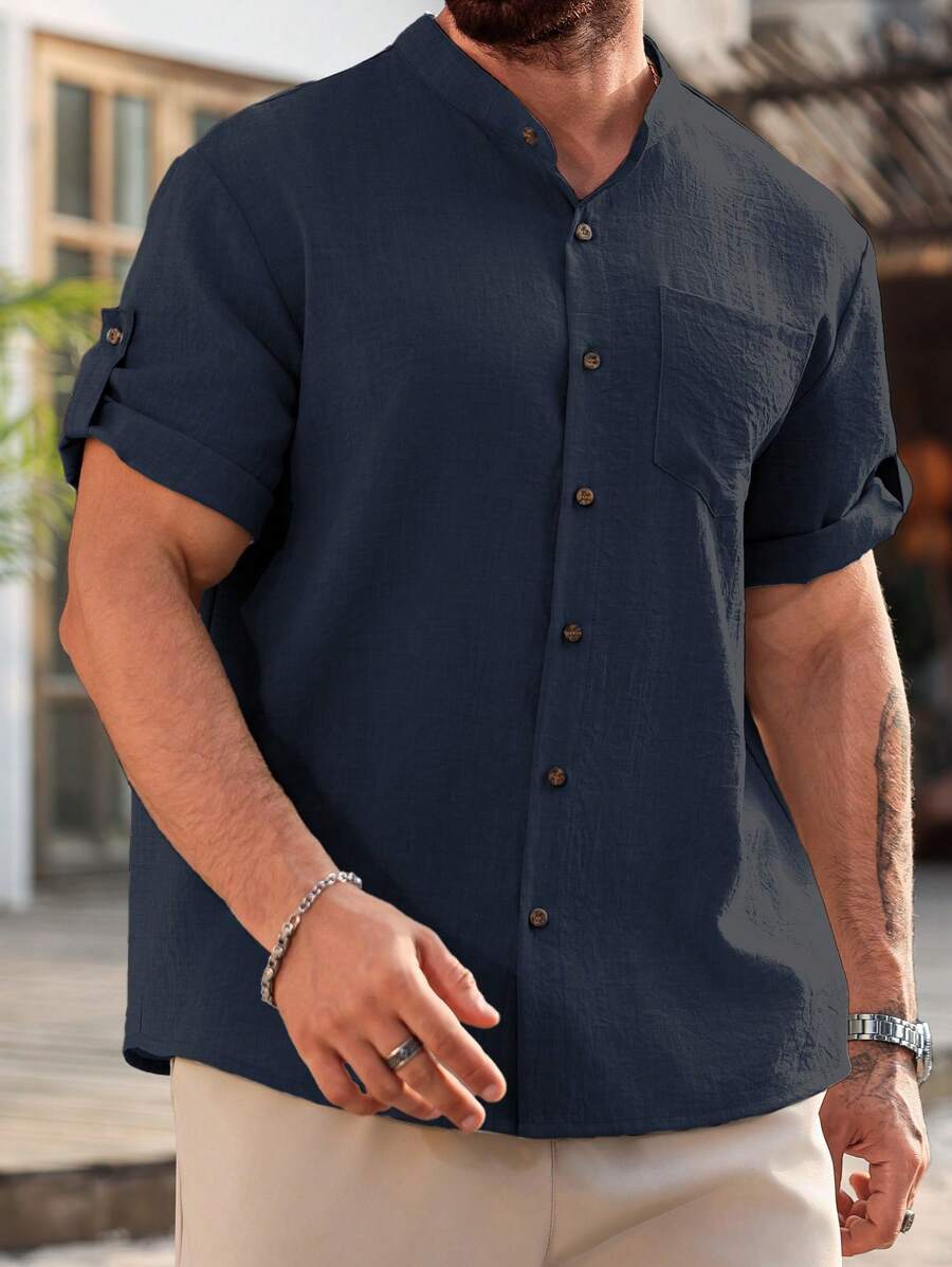 Camisa Masculina Casual de Manga Curta Solta e de Cor Sólida