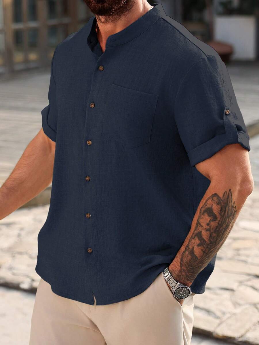 Camisa Masculina Casual de Manga Curta Solta e de Cor Sólida