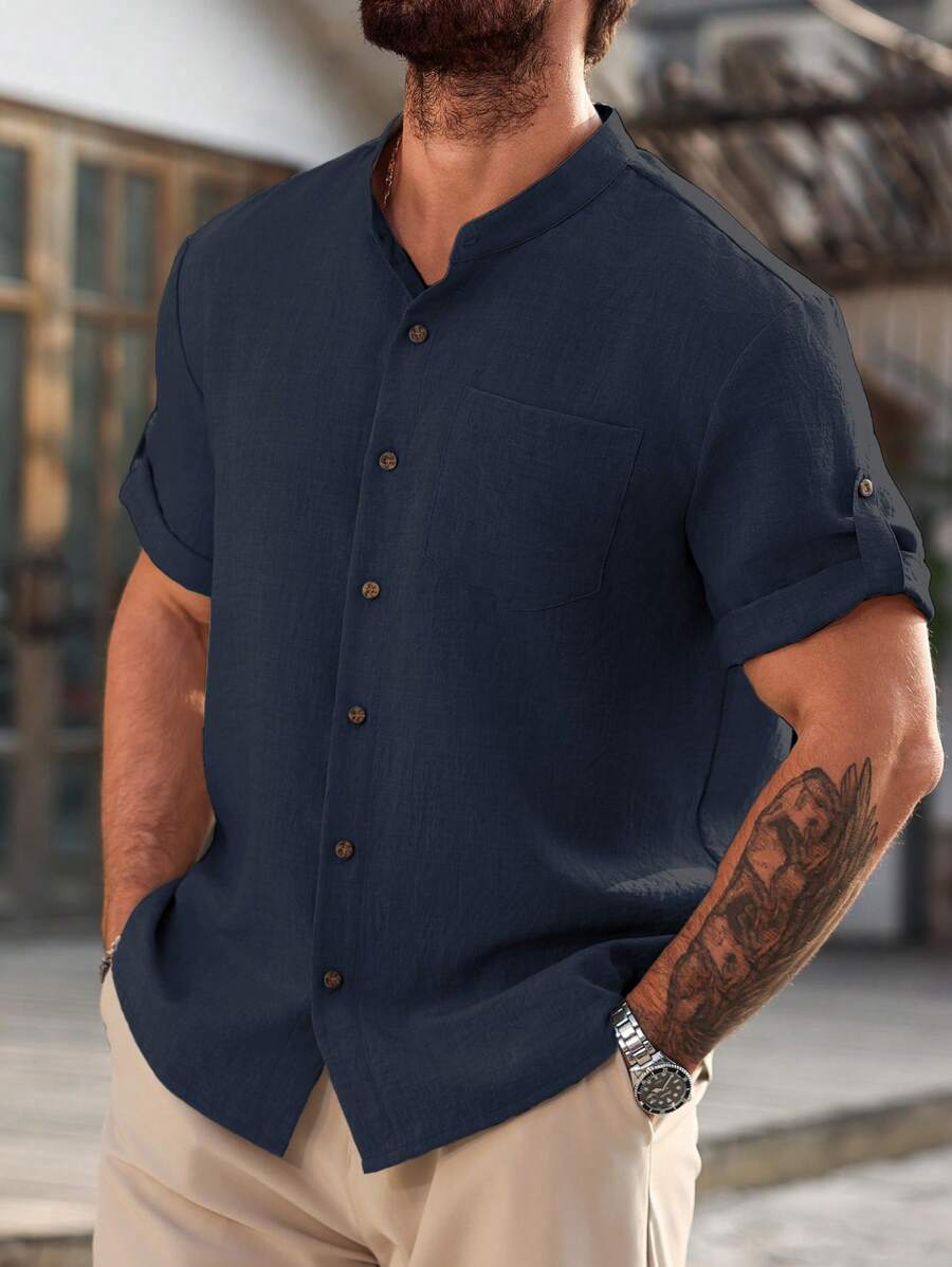 Camisa Masculina Casual de Manga Curta Solta e de Cor Sólida