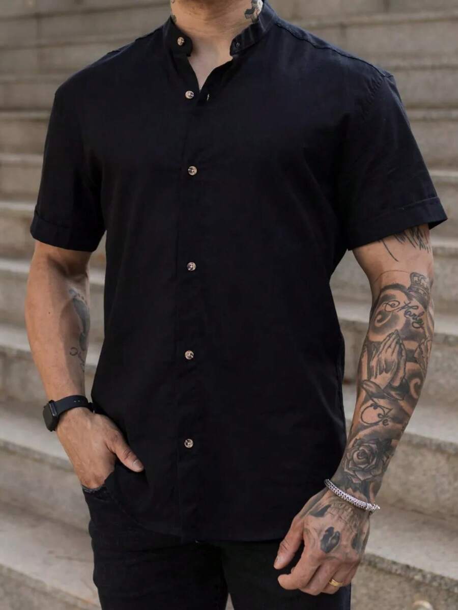 Camisa Masculina Manga Curta Gola Padre Confortável Tendencia Verão