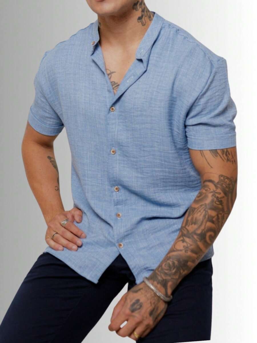 Camisa Masculina Manga Curta Gola Padre Confortável Tendencia Verão