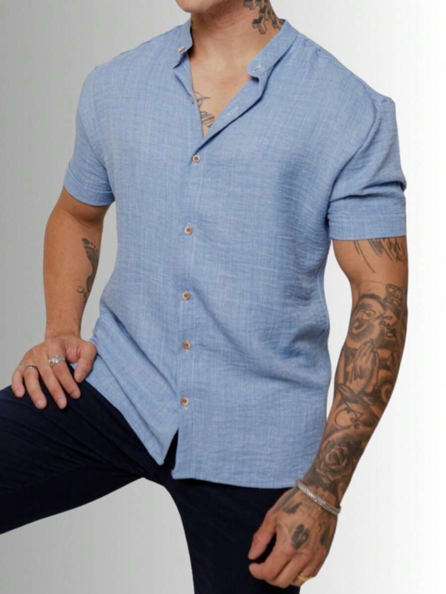 Camisa Masculina Manga Curta Gola Padre Confortável Tendencia Verão