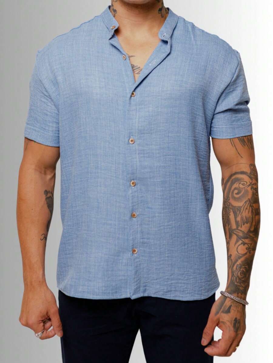 Camisa Masculina Manga Curta Gola Padre Confortável Tendencia Verão