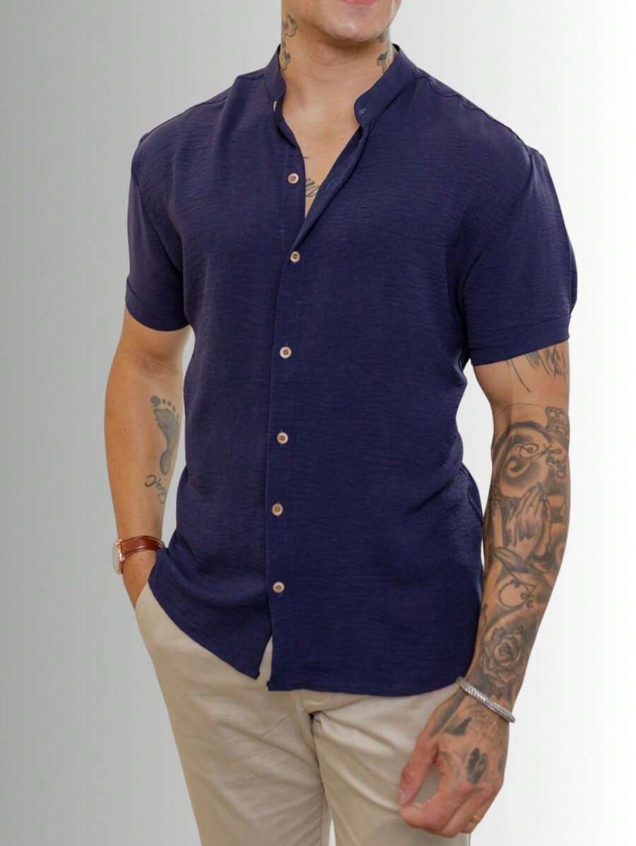 Camisa Masculina Manga Curta Gola Padre Confortável Tendencia Verão