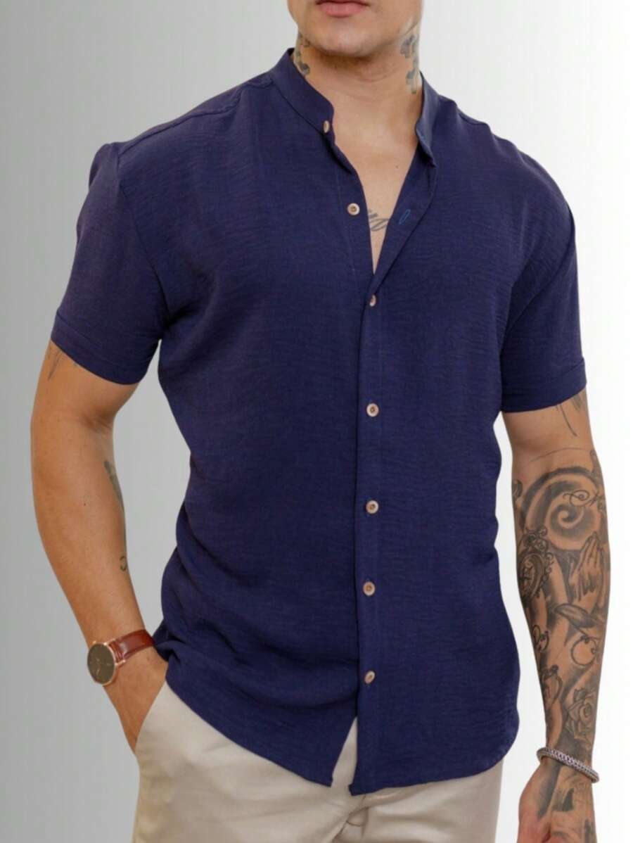 Camisa Masculina Manga Curta Gola Padre Confortável Tendencia Verão