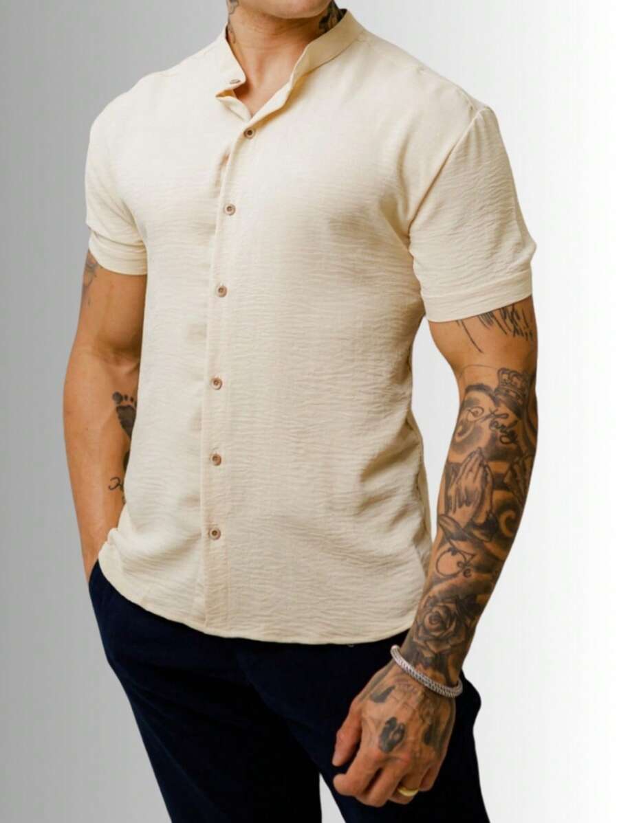 Camisa Masculina Manga Curta Gola Padre Confortável Tendencia Verão