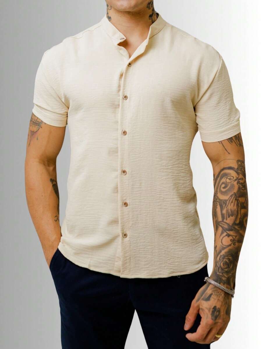 Camisa Masculina Manga Curta Gola Padre Confortável Tendencia Verão