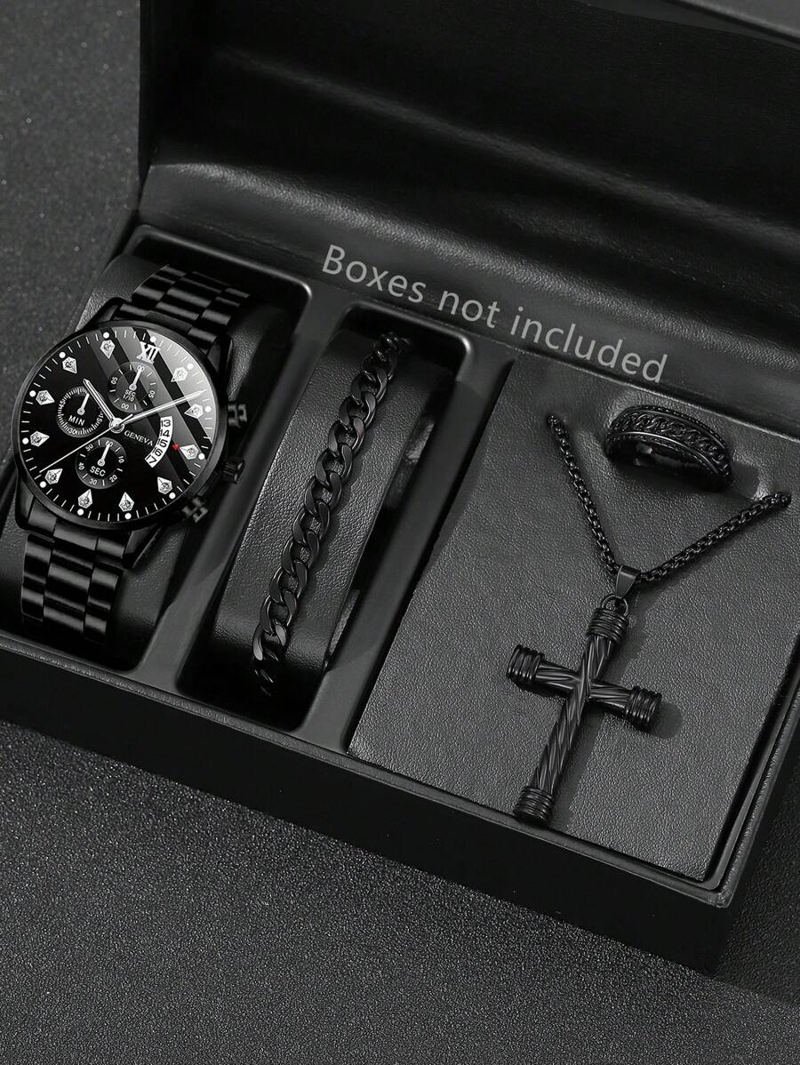 Conjunto de Joias Masculino com 4 Peças - Pulseira, Colar, Anel e Relógio