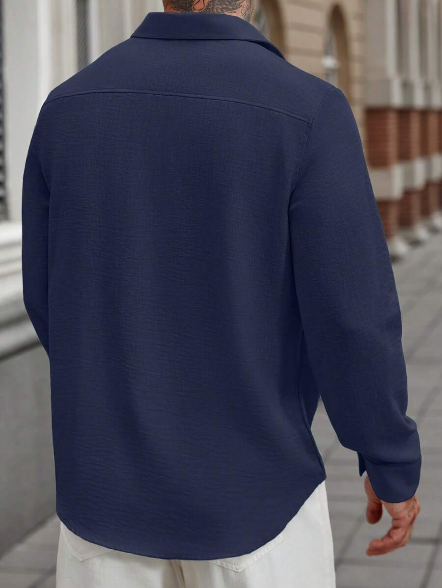 Camisa Masculina Casual de Linho de Manga Longa com Abotoamento Clock