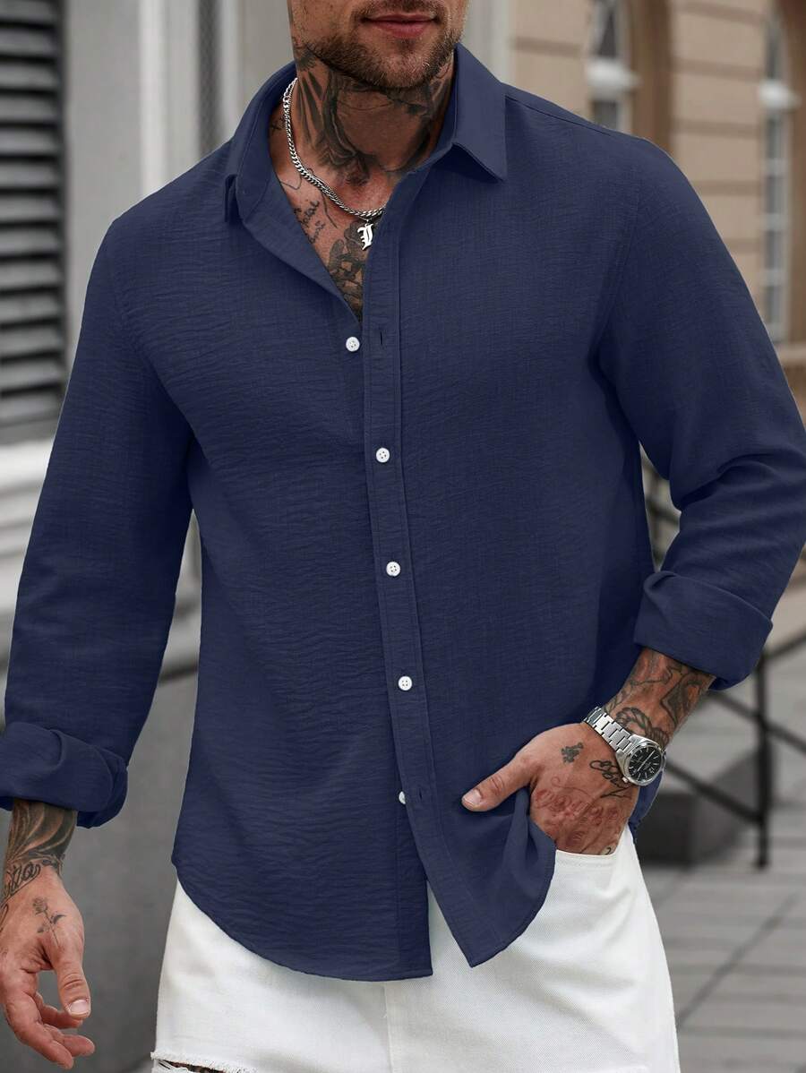 Camisa Masculina Casual de Linho de Manga Longa com Abotoamento Clock