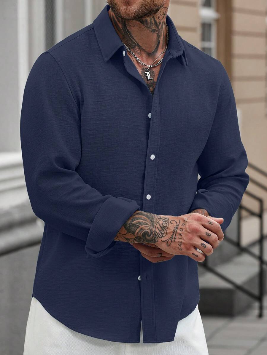 Camisa Masculina Casual de Linho de Manga Longa com Abotoamento Clock