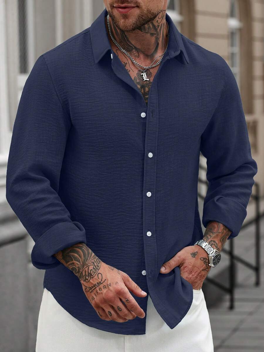 Camisa Masculina Casual de Linho de Manga Longa com Abotoamento Clock