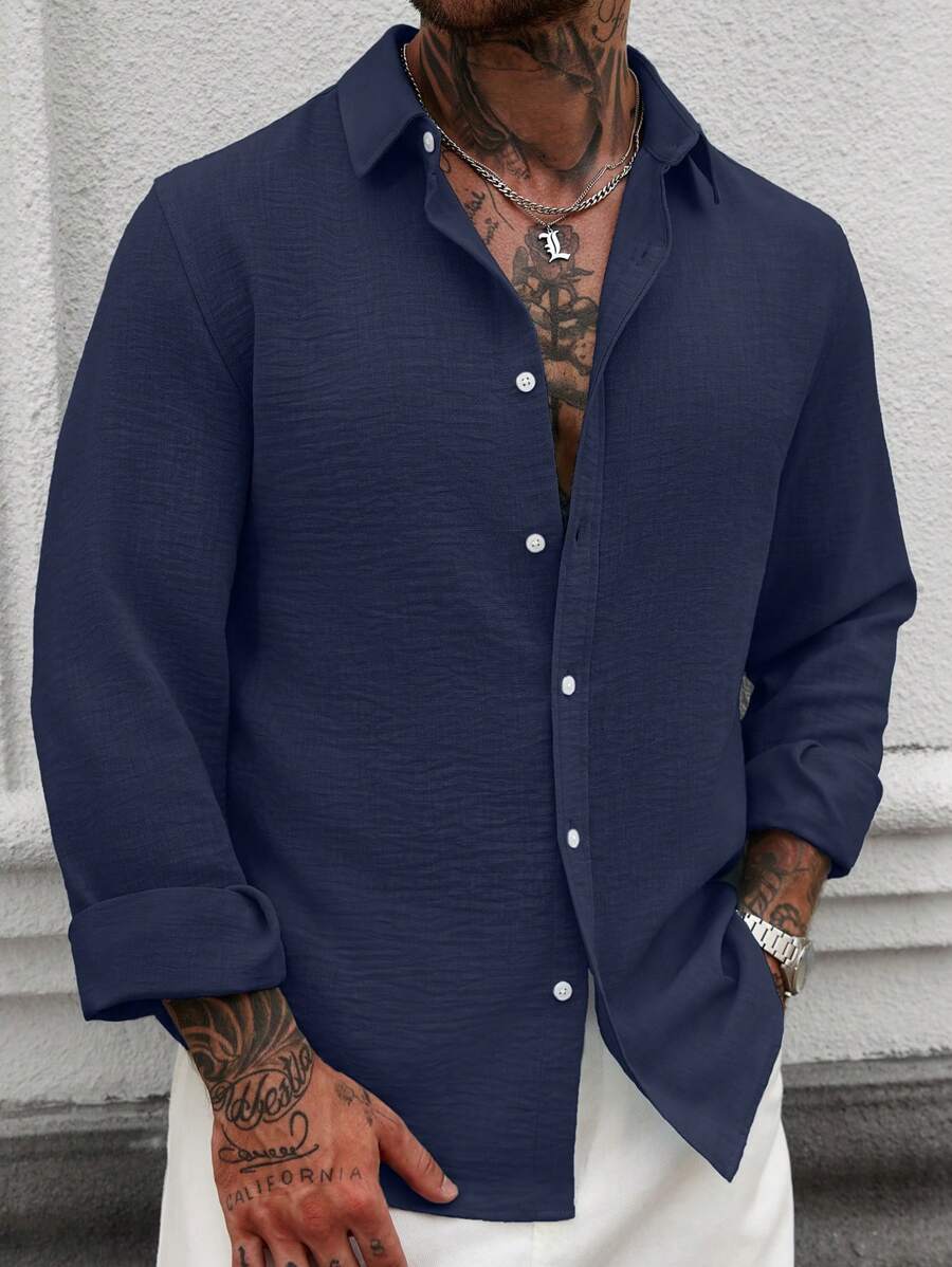 Camisa Masculina Casual de Linho de Manga Longa com Abotoamento Clock