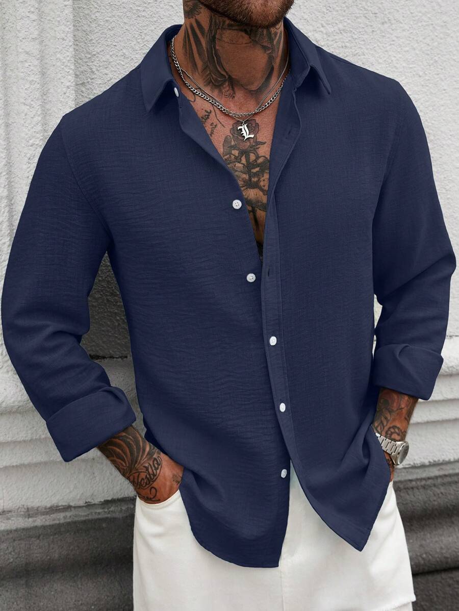 Camisa Masculina Casual de Linho de Manga Longa com Abotoamento Clock