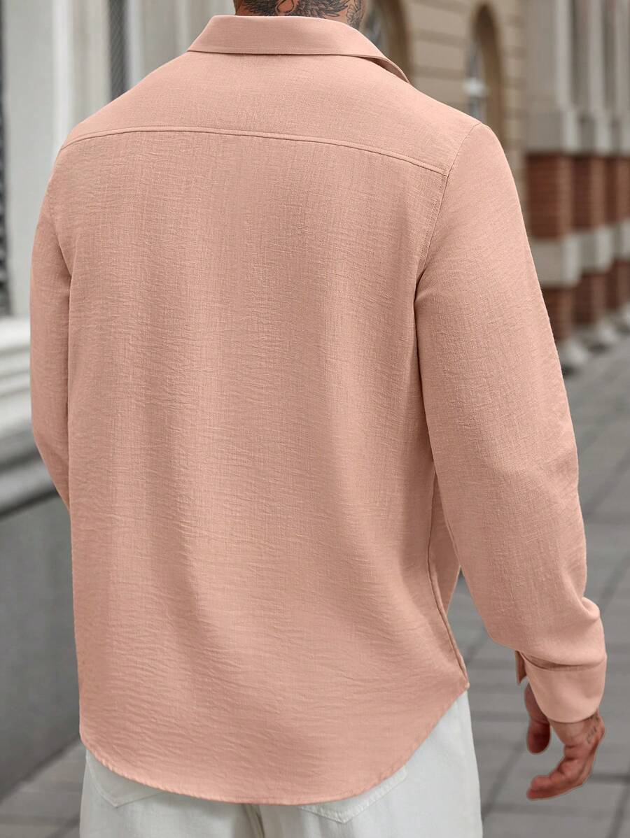 Camisa Masculina Casual de Linho de Manga Longa com Abotoamento Clock