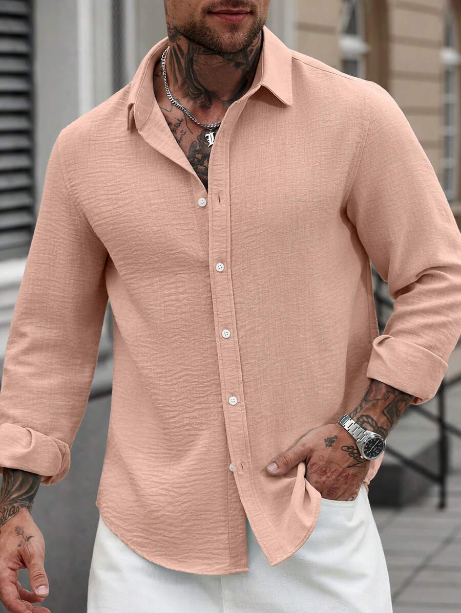 Camisa Masculina Casual de Linho de Manga Longa com Abotoamento Clock