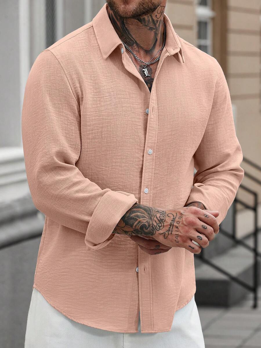 Camisa Masculina Casual de Linho de Manga Longa com Abotoamento Clock