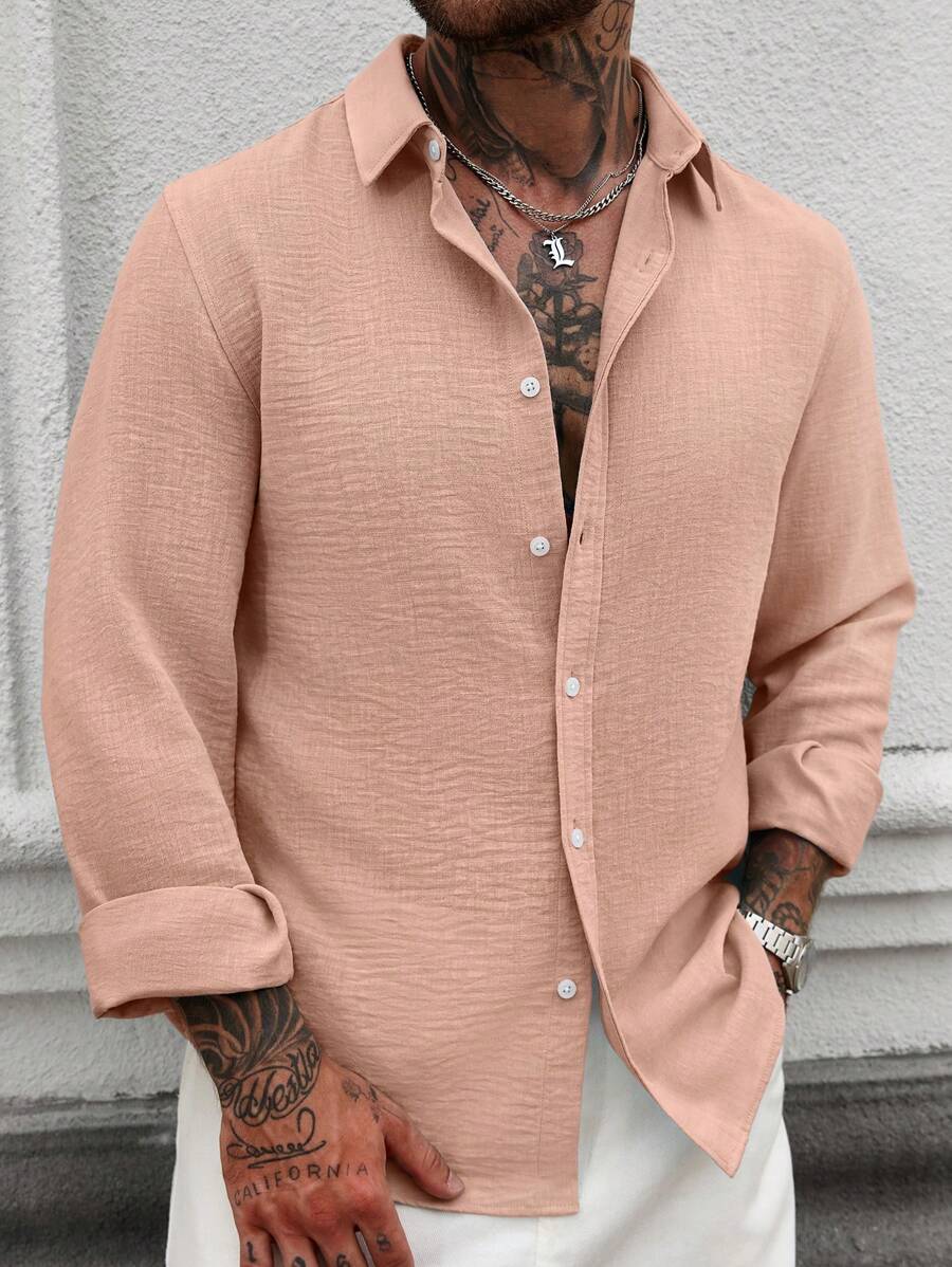 Camisa Masculina Casual de Linho de Manga Longa com Abotoamento Clock