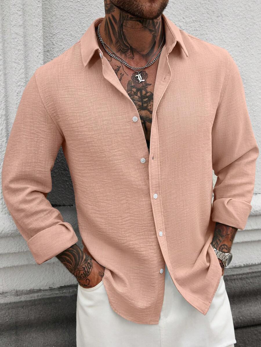 Camisa Masculina Casual de Linho de Manga Longa com Abotoamento Clock