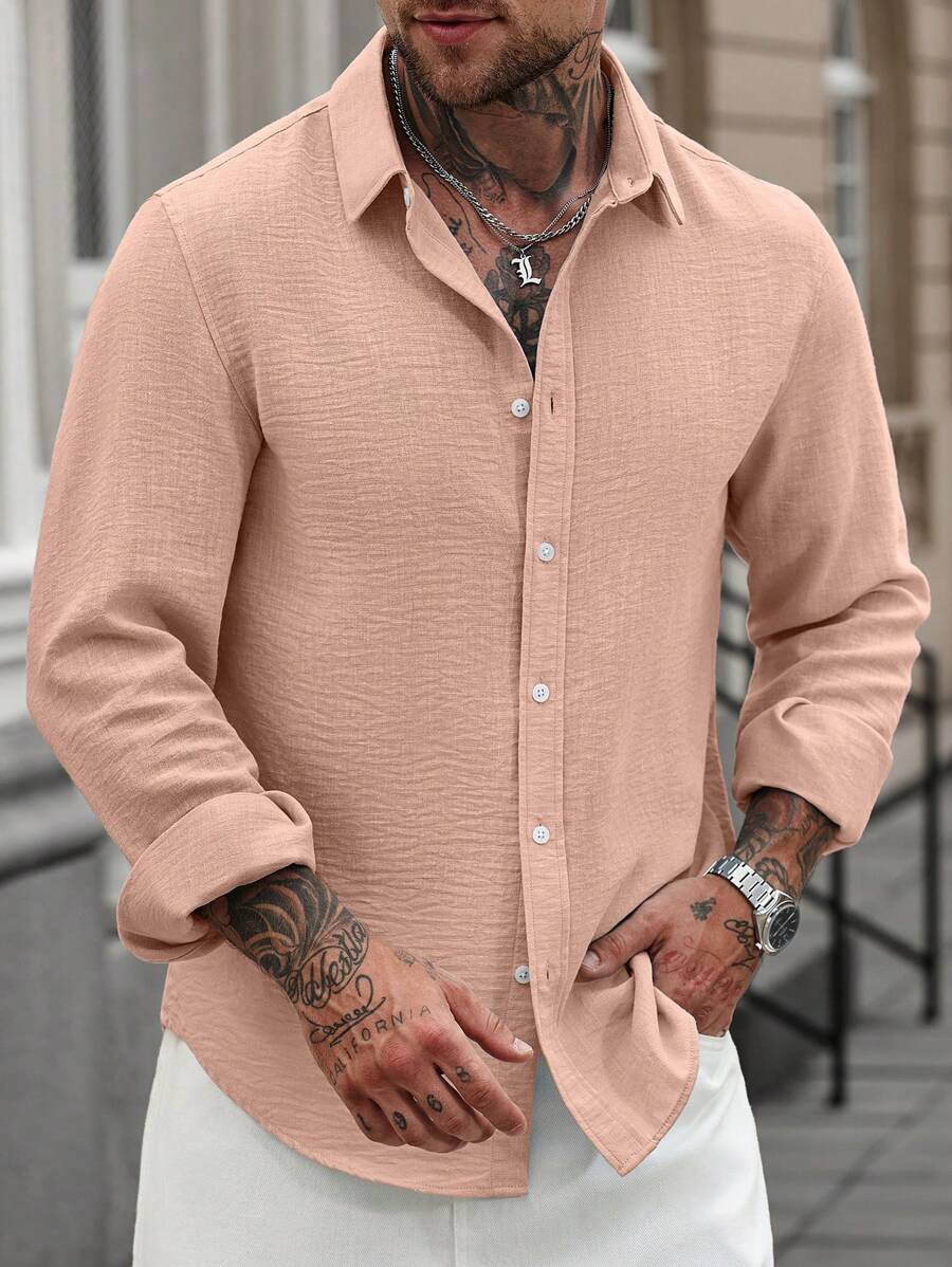 Camisa Masculina Casual de Linho de Manga Longa com Abotoamento Clock