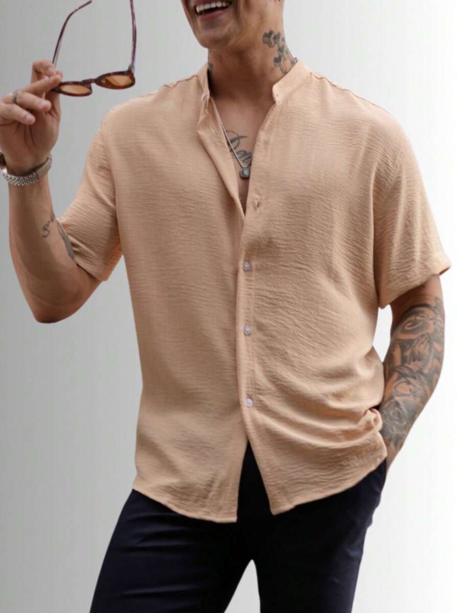 Camisa Masculina Manga Curta Gola Padre Confortável Tendencia Verão