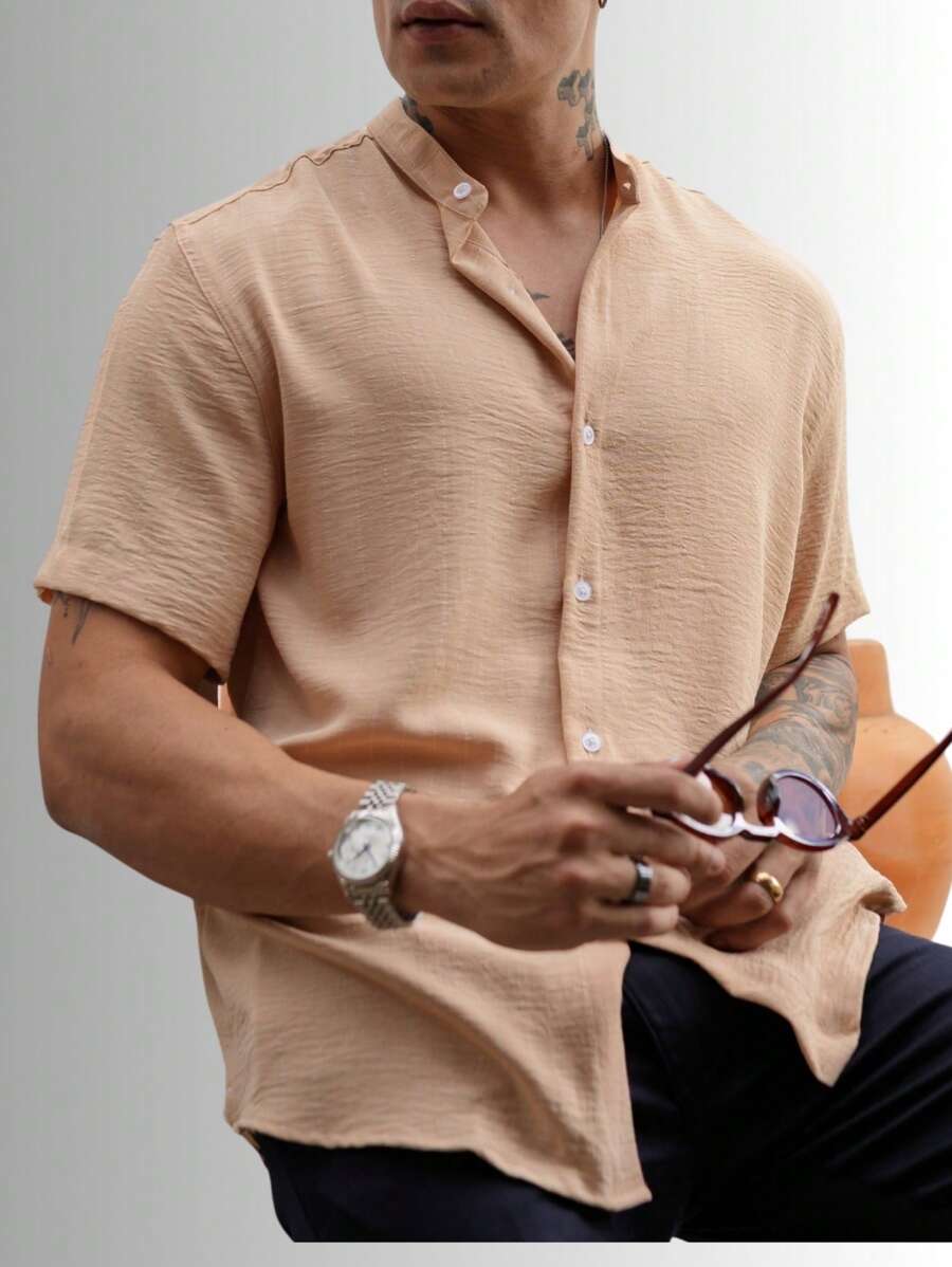 Camisa Masculina Manga Curta Gola Padre Confortável Tendencia Verão