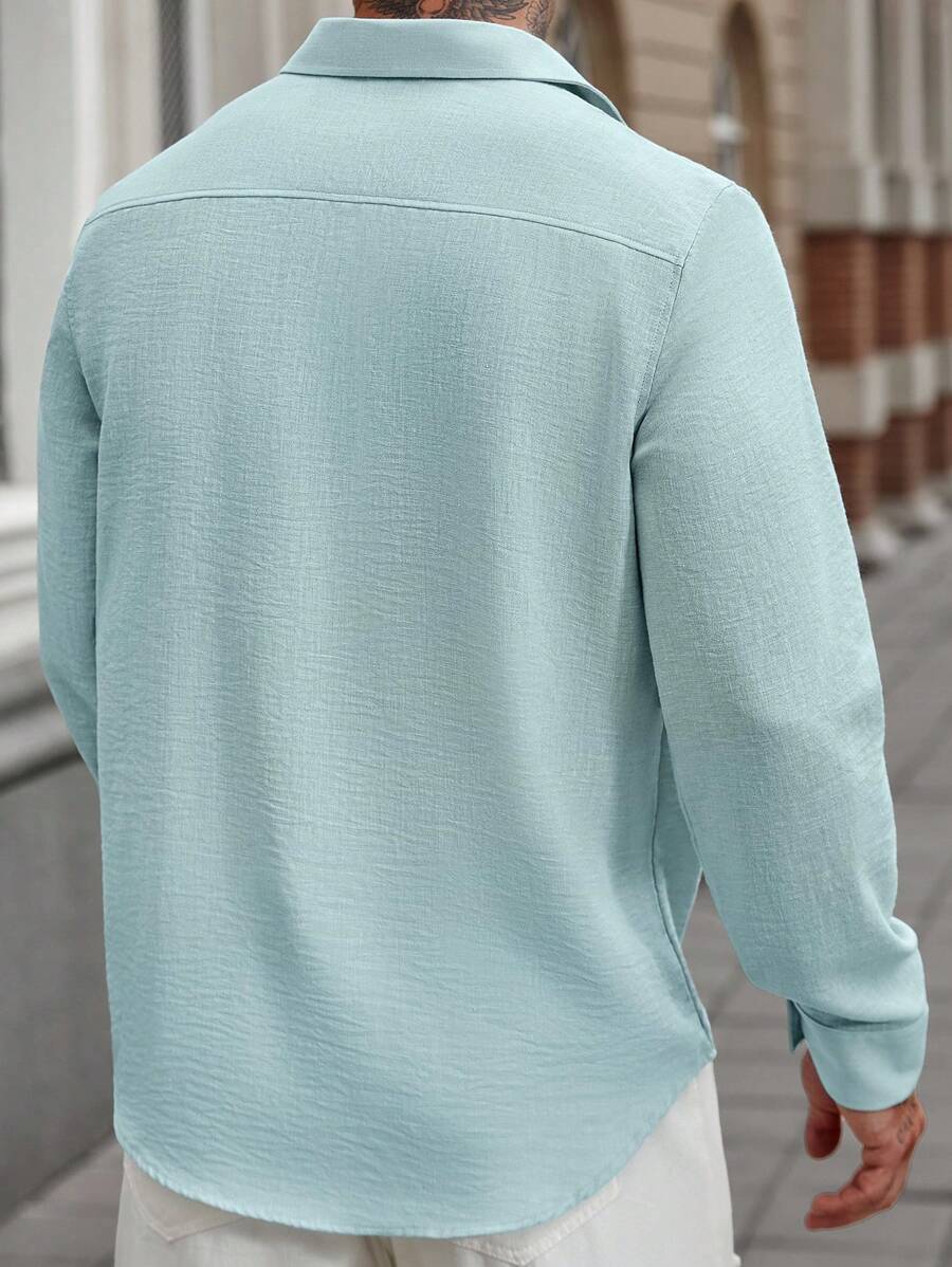 Camisa Masculina Casual de Linho de Manga Longa com Abotoamento Clock