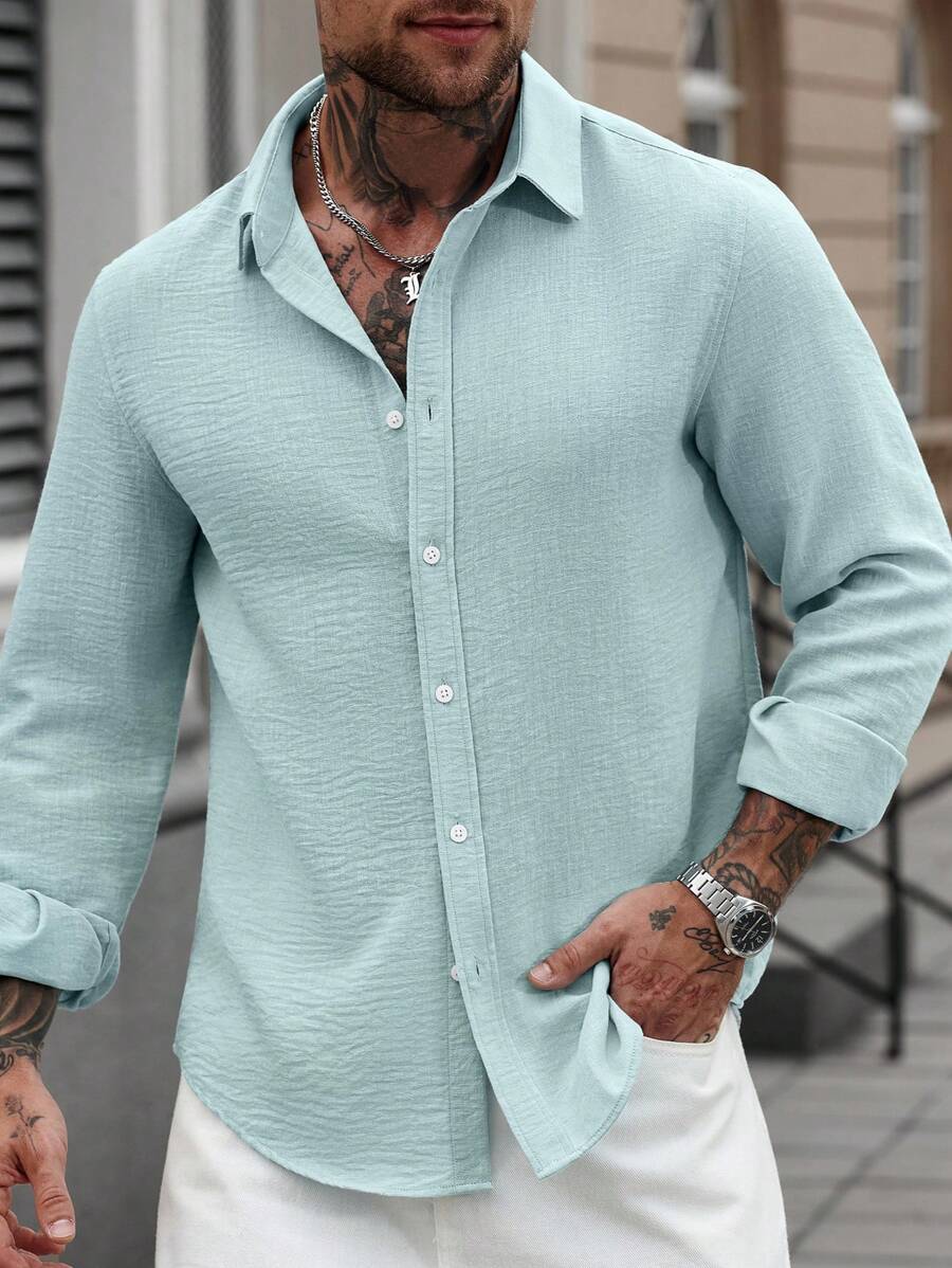 Camisa Masculina Casual de Linho de Manga Longa com Abotoamento Clock