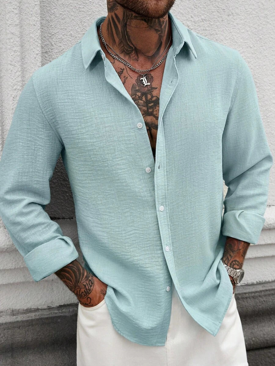 Camisa Masculina Casual de Linho de Manga Longa com Abotoamento Clock
