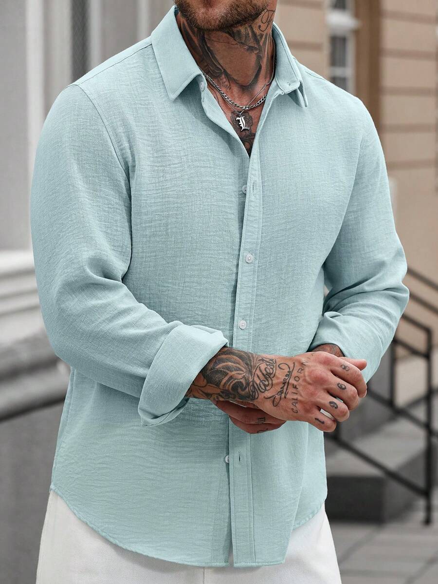 Camisa Masculina Casual de Linho de Manga Longa com Abotoamento Clock