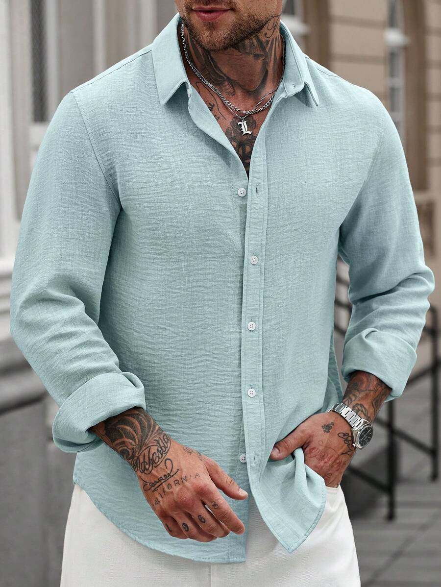 Camisa Masculina Casual de Linho de Manga Longa com Abotoamento Clock