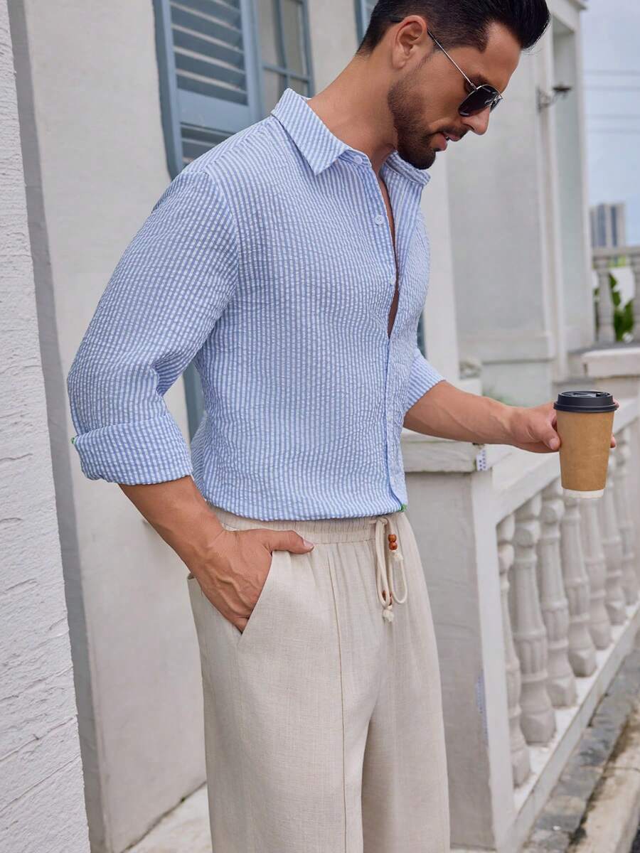 Camisa Masculina de Tecido Texturizado com Listras