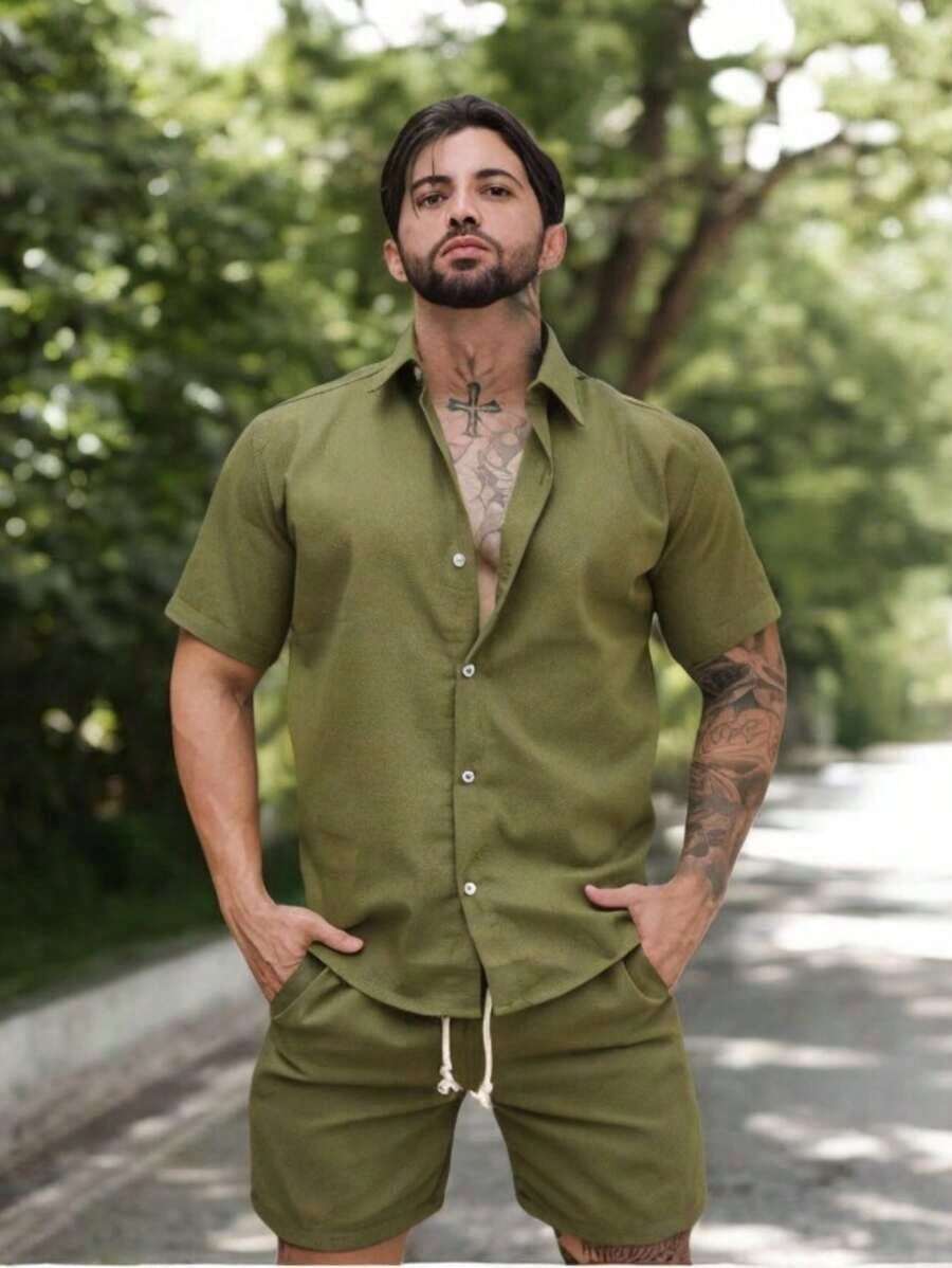 Conjunto Masculino Camisa Linho Masculino Linho botão Bermuda Linho