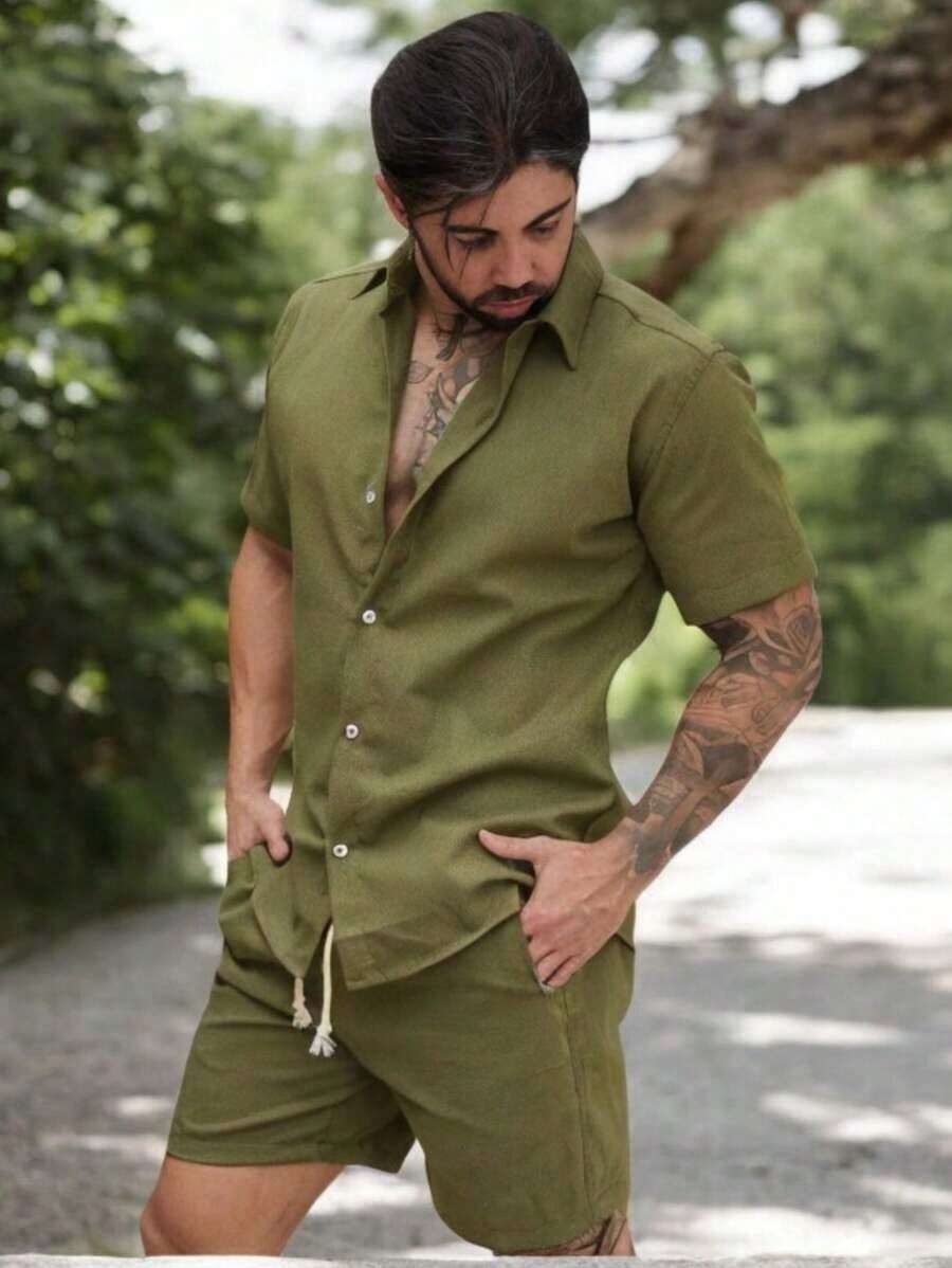 Conjunto Masculino Camisa Linho Masculino Linho botão Bermuda Linho