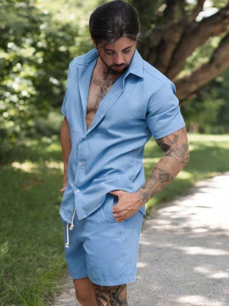 Conjunto Masculino Camisa Linho Masculino Linho botão Bermuda Linho