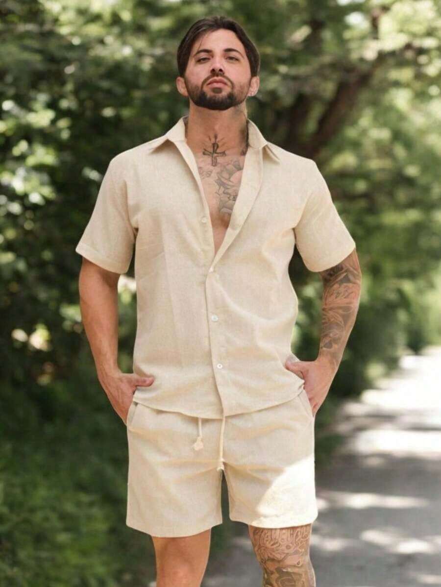 Conjunto Masculino Camisa Linho Masculino Linho botão Bermuda Linho