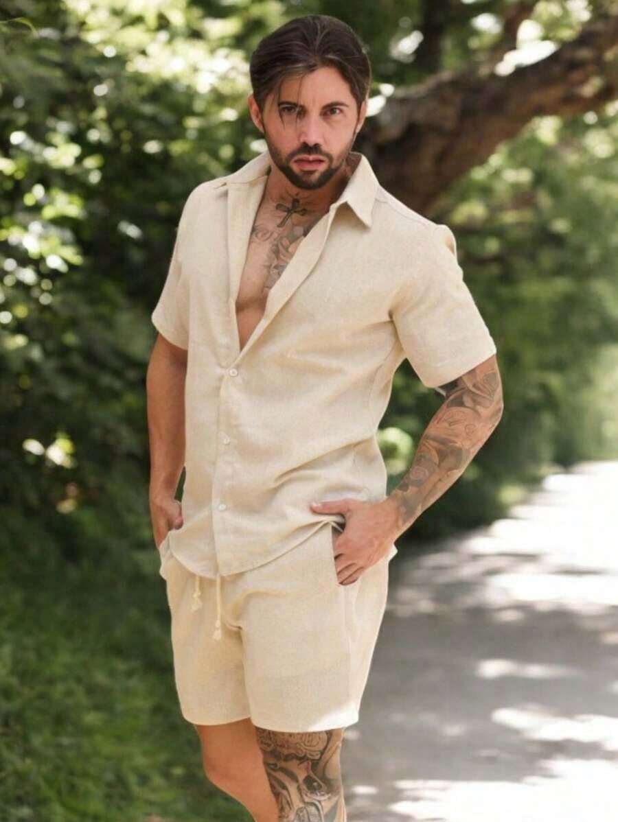 Conjunto Masculino Camisa Linho Masculino Linho botão Bermuda Linho